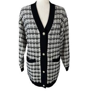 Babaton Lacer Cardigan Sweater Size 2XS Ivory Black Tweed Plaid Merino Wool Knit